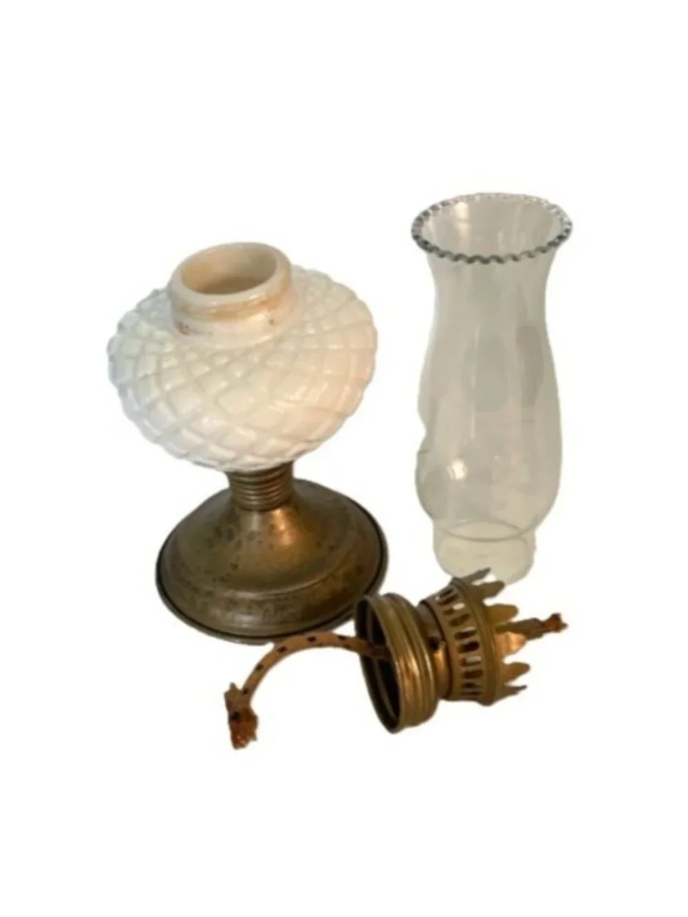 Vintage Mini Milk Glass Oil Lamp Diamond Pattern Base Ruffled Chimney 9.75